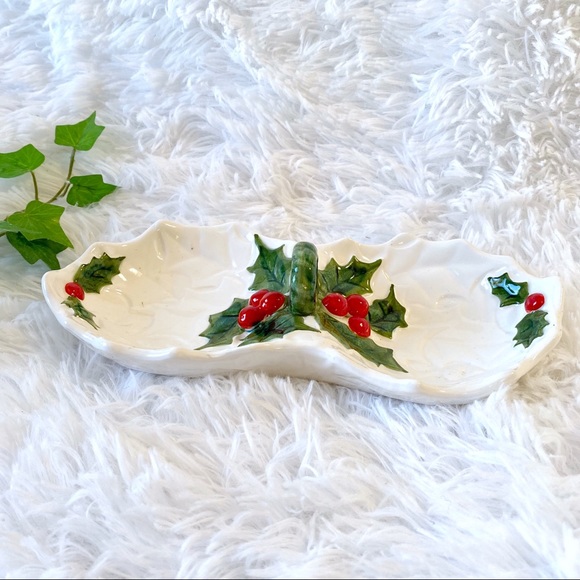 Vintage Lefton White Holly And Berry Divided Compartment Candy Dish/ Relish Dish - Picture 1 of 9